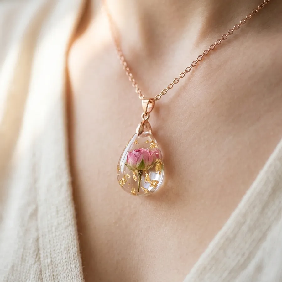 Resin jewellery with real flower petals and gold leaf